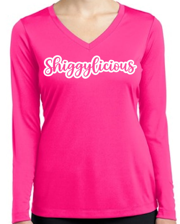 Shiggylicious PINK Ladies Sport-Tek V-neck Long Sleeve