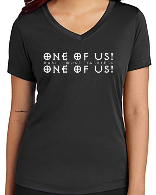 One of Us! - Not a Cult Sport-Tek Ladies V-Neck Short Sleeve Performance Tee