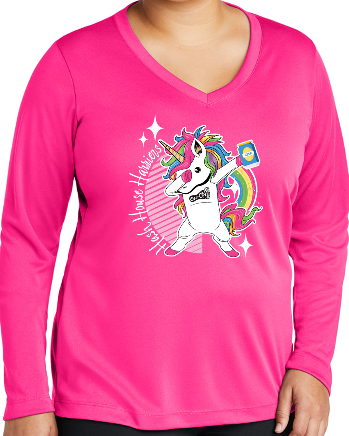 H3 Unicorn Neon PINK Ladies Sport-Tek V-neck Long Sleeve