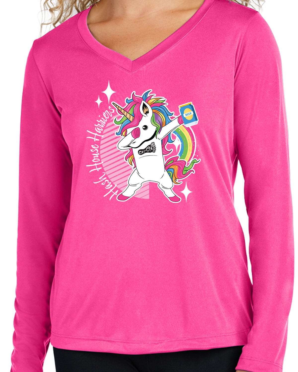 H3 Unicorn Neon PINK Ladies Sport-Tek V-neck Long Sleeve